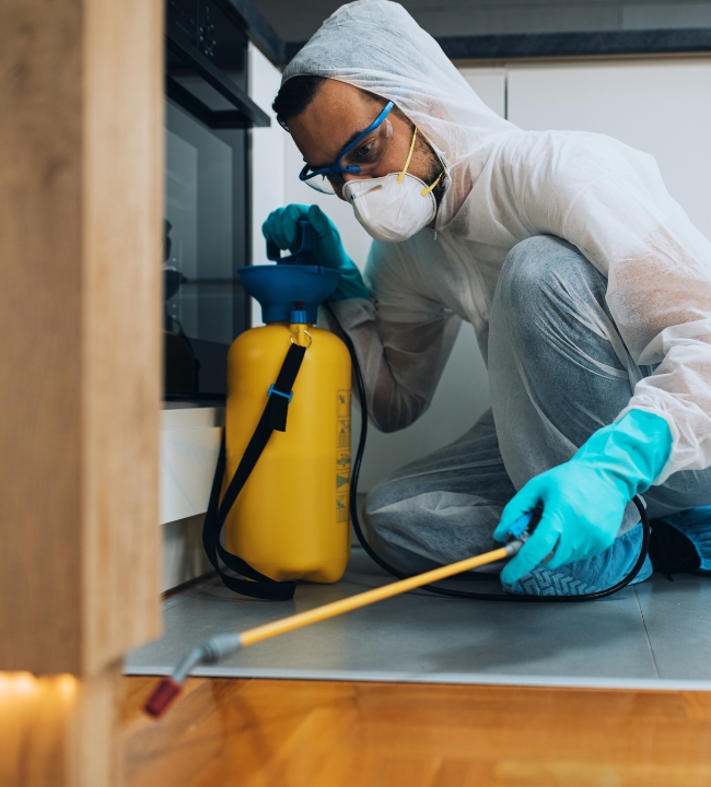 Exterminador profesional eliminando plagas en una casa en Orihuela Costa, utilizando técnicas de control de plagas seguras y eficaces.